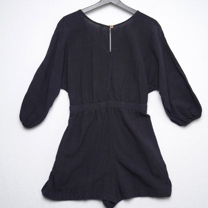 Free People Black Cotton Romper – Size S – Boho Knot Front Jumpsuit with Balloon Sleeves