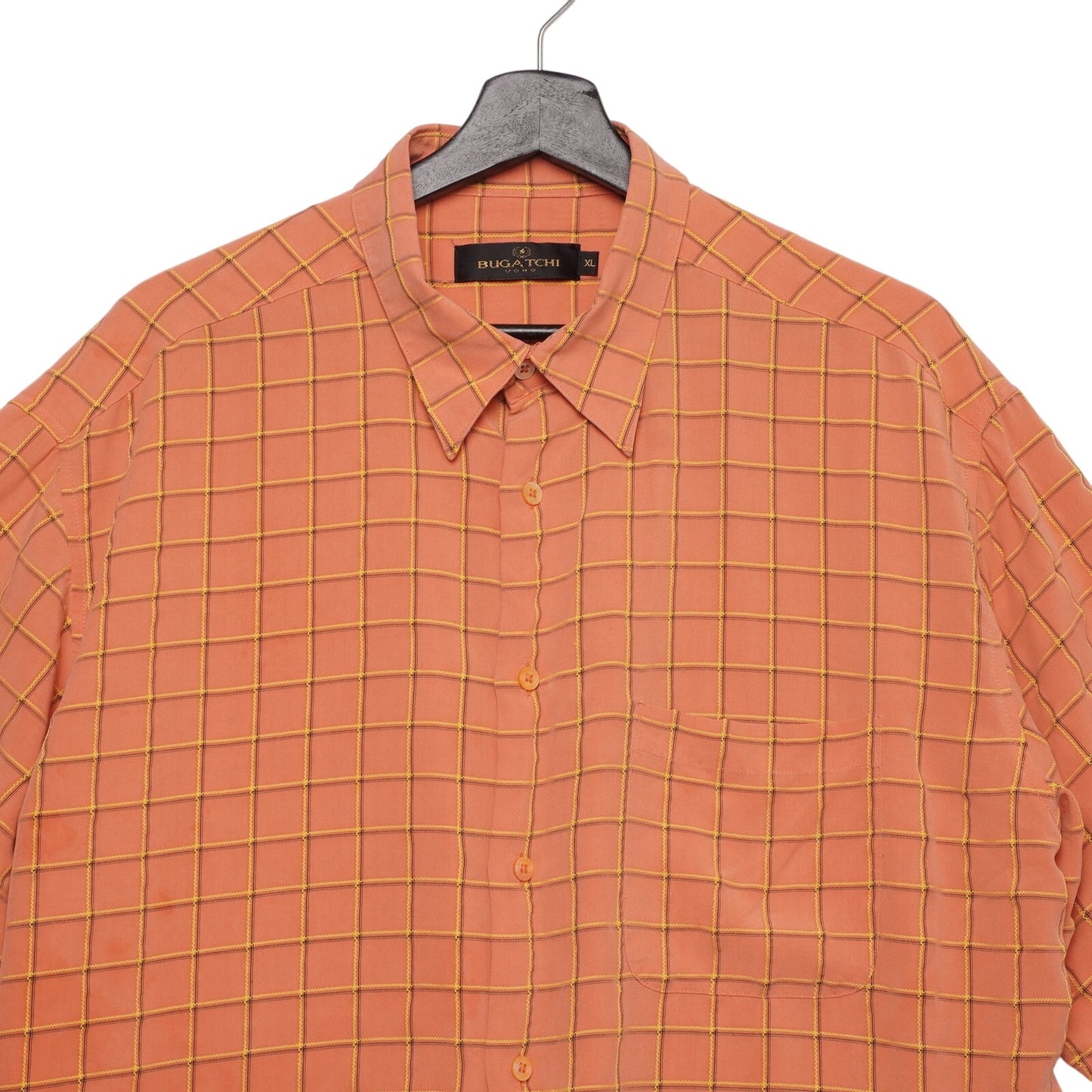 Bugatchi Uomo Shirt XL Orange Grid Check Short Sleeve Modal Rayon Made in Korea