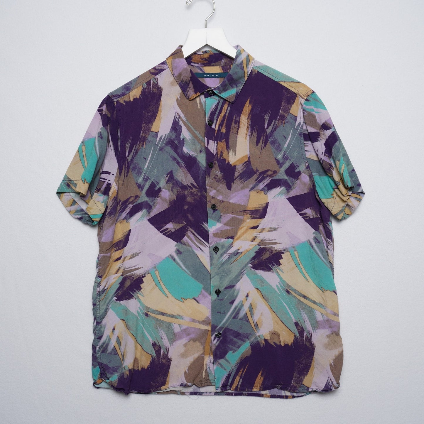 Perry Ellis Abstract Art Shirt Sleeve Shirt Purple Green Gold Size L