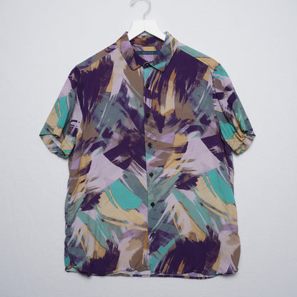 Perry Ellis Abstract Art Shirt Sleeve Shirt Purple Green Gold Size L
