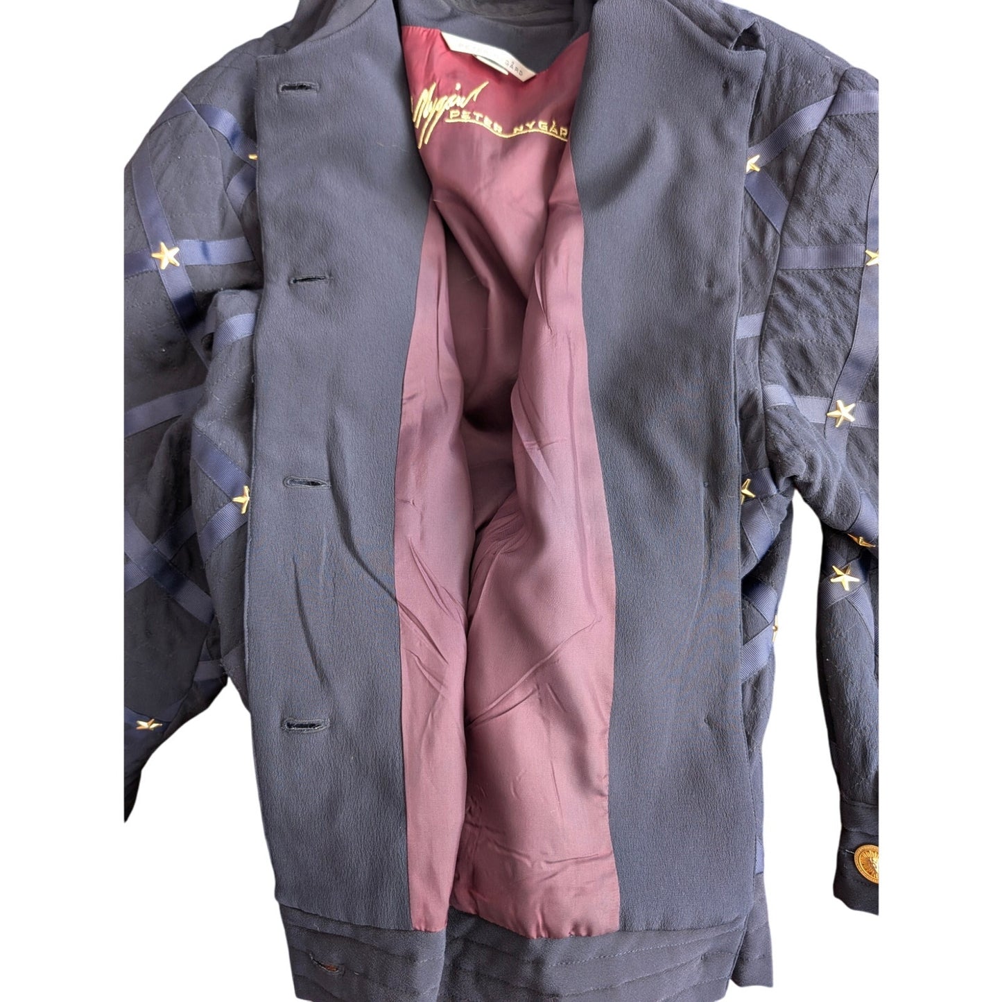 Vintage Peter Nygard Navy Silk Bomber with Ribbon and Gold Accents