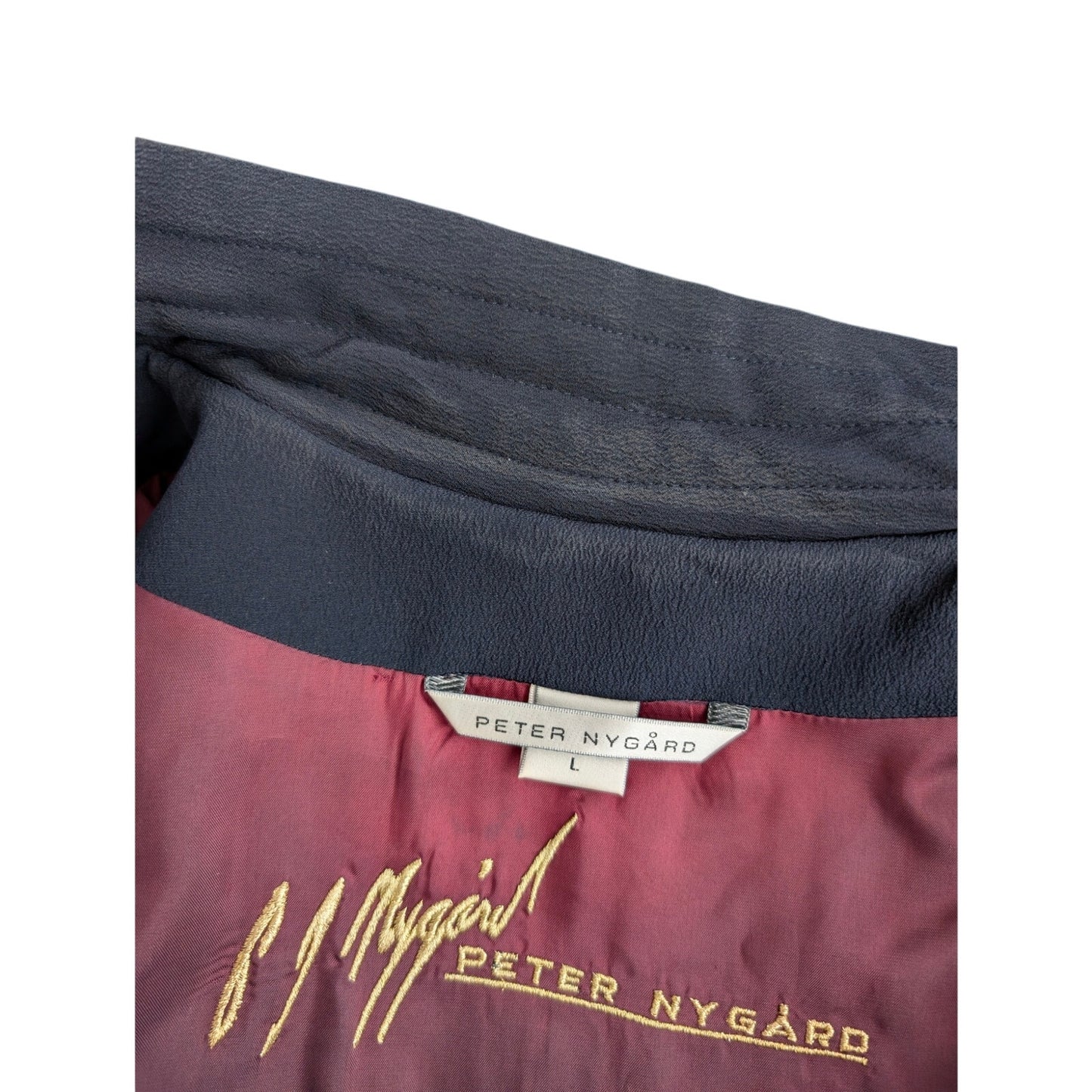 Vintage Peter Nygard Navy Silk Bomber with Ribbon and Gold Accents