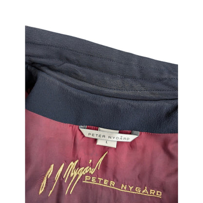 Vintage Peter Nygard Navy Silk Bomber with Ribbon and Gold Accents