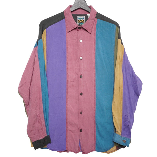 Vintage NEXT EXIT Shirt Mens M Colorblock 90s Rayon Grunge Made in Hong Kong