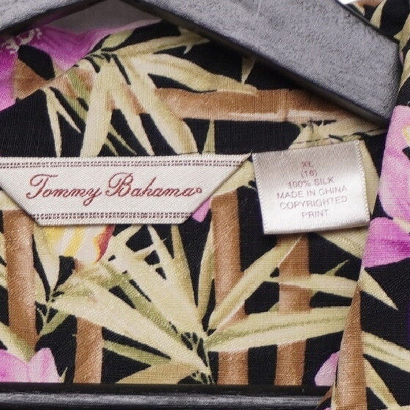 Tommy Bahama 100% Silk Hawaiian Shirt XL Black Orchid Bamboo Floral Aloha Camp