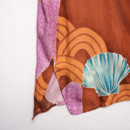 Vintage Handmade Kimono-Inspired Dress Brown Abstract Waves Shell Print Boho M/L