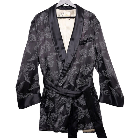 Vintage Lytton's Satin Smoking Jacket Robe Feather Print Belted Lounge Coat