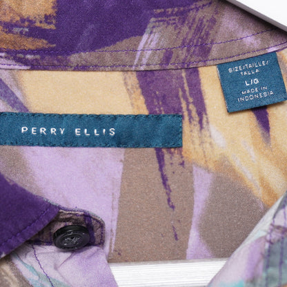 Perry Ellis Abstract Art Shirt Sleeve Shirt Purple Green Gold Size L