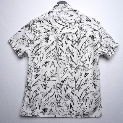 Hedge White Short Sleeve Linen Blend Shirt Black Floral Print Size Small