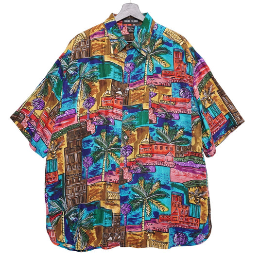 Vintage Silk Club Colorful Tropical Button Up Shirt Palm Trees Buildings 90s