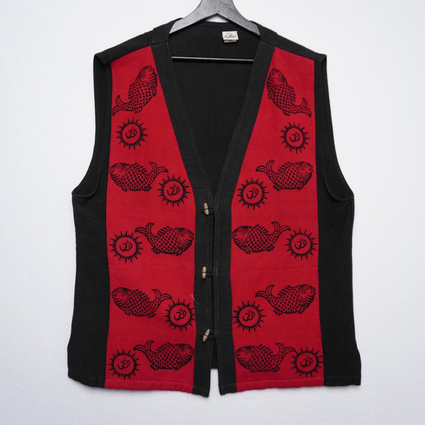 Ganesh Himal Handmade Nepal Cotton Vest XL Black-Red Fish “Om” Print Boho
