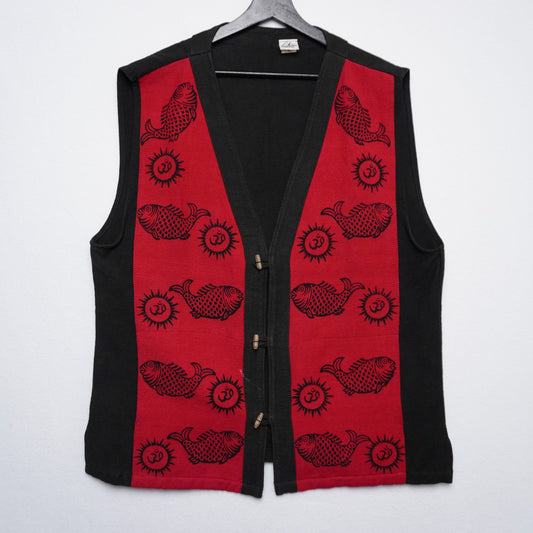Ganesh Himal Handmade Nepal Cotton Vest XL Black-Red Fish “Om” Print Boho