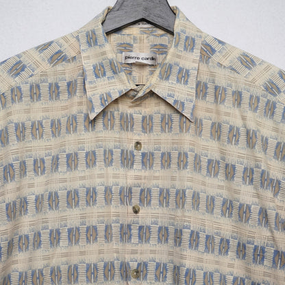 Pierre Cardin Korea 100 % Cotton Geometric Shirt L Beige + Blue 90s Vintage
