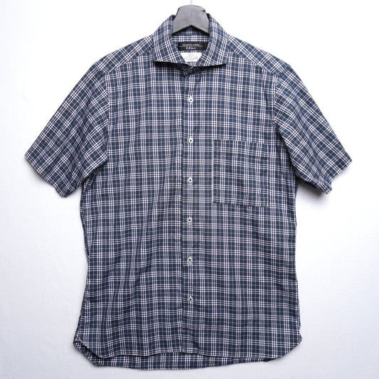 Hiromichi Nakano Short Sleeve Cutaway Collar Shirt Blue/Green Plaid 100% Cotton
