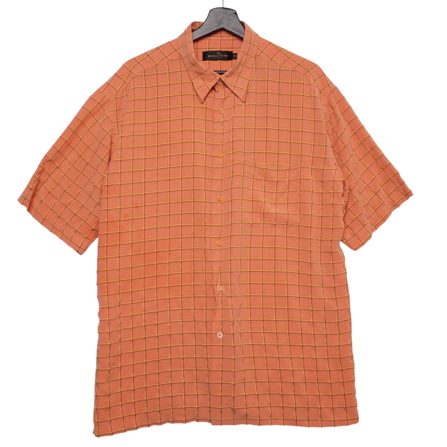 Bugatchi Uomo Shirt XL Orange Grid Check Short Sleeve Modal Rayon Made in Korea
