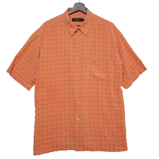 Bugatchi Uomo Shirt XL Orange Grid Check Short Sleeve Modal Rayon Made in Korea