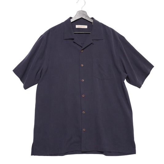 Tommy Bahama 100% Silk Shirt Men’s L Camp Collar Navy Blue Short Sleeve Luau