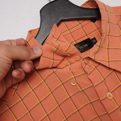 Bugatchi Uomo Shirt XL Orange Grid Check Short Sleeve Modal Rayon Made in Korea