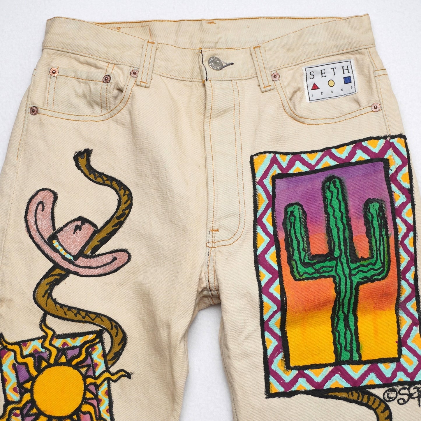 Vintage Levi’s 501 Jeans W31 L34 USA Made Painted Western Art Cactus Snake Sun