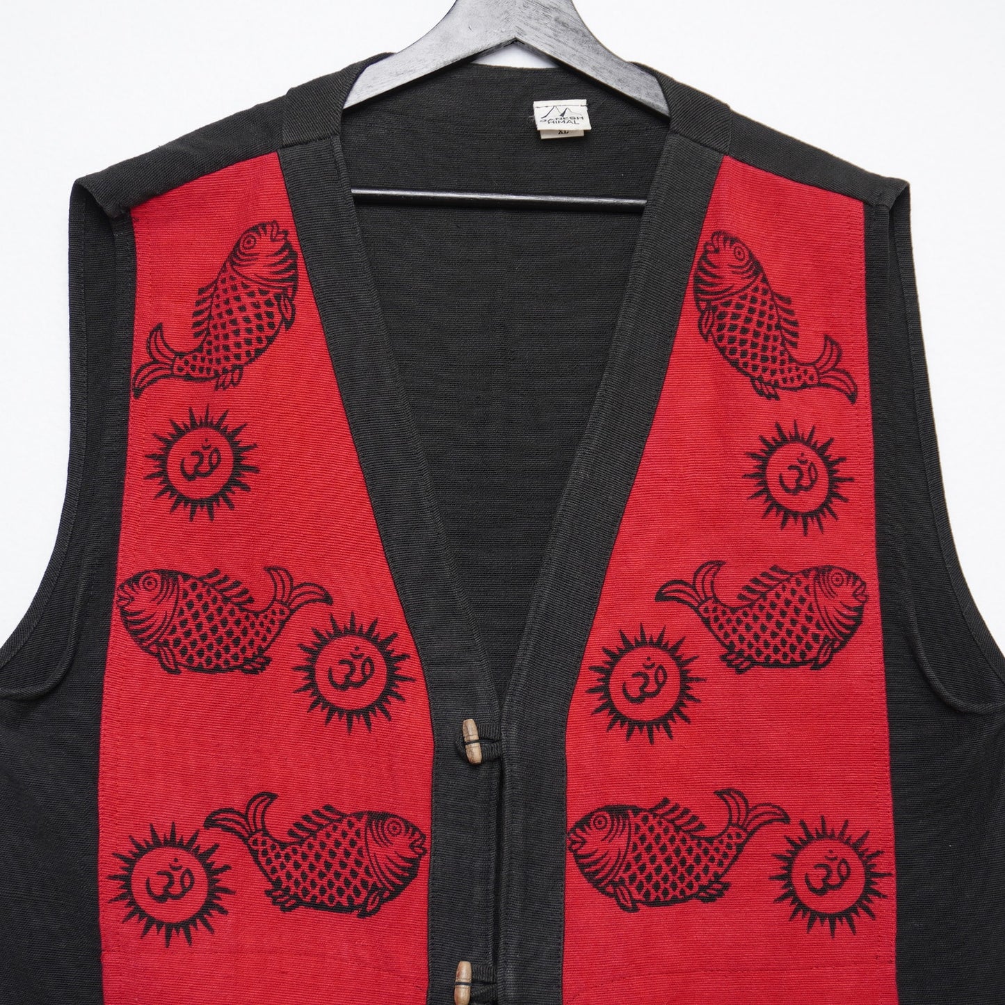 Ganesh Himal Handmade Nepal Cotton Vest XL Black-Red Fish “Om” Print Boho