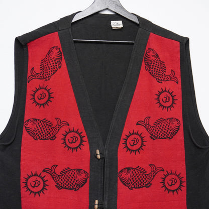 Ganesh Himal Handmade Nepal Cotton Vest XL Black-Red Fish “Om” Print Boho