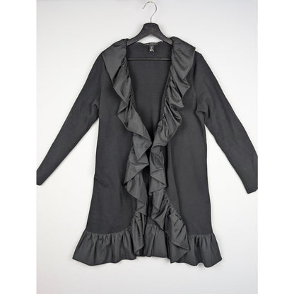 Chico's Black Label Ruffle Trim Long Duster Cardigan Jacket Size 2 Black
