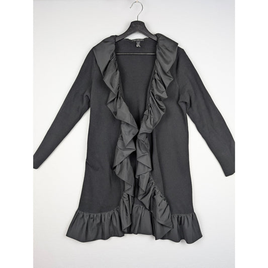 Chico's Black Label Ruffle Trim Long Duster Cardigan Jacket Size 2 Black
