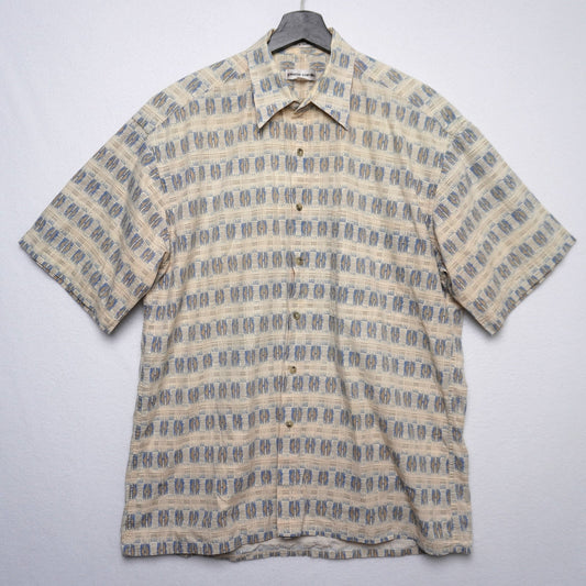 Pierre Cardin Korea 100 % Cotton Geometric Shirt L Beige + Blue 90s Vintage