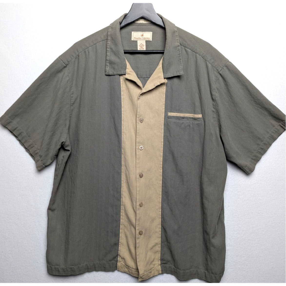 Paradise Collection Men's Sage Green & Tan Silk Blend Loop Collar Shirt Size XL