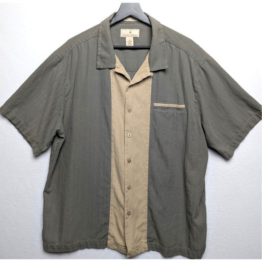 Paradise Collection Men's Sage Green & Tan Silk Blend Loop Collar Shirt Size XL