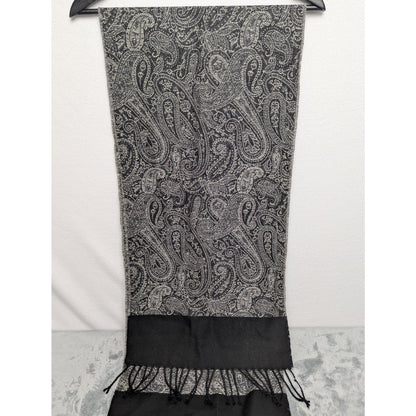 Vintage Style Fringe Edge Boho Black and White Paisley Scarf