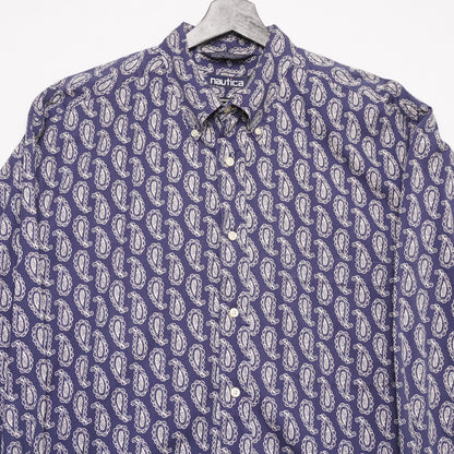 Vintage Nautica Paisley Shirt XL Blue White 100% Cotton Button Down