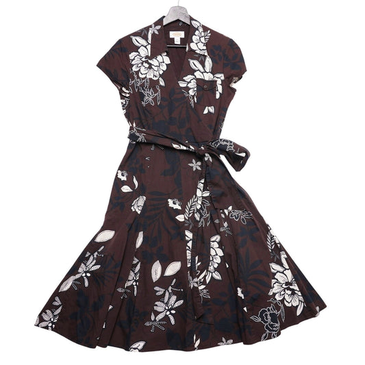 Talbots Women's Brown White Floral Wrap Dress Short Sleeve A-Line Midi Retro Fit Flare
