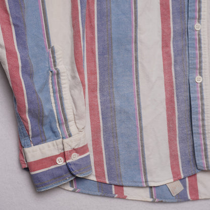 Vintage Campus Button Down Shirt L Red White Blue Vertical Stripe 100% Cotton