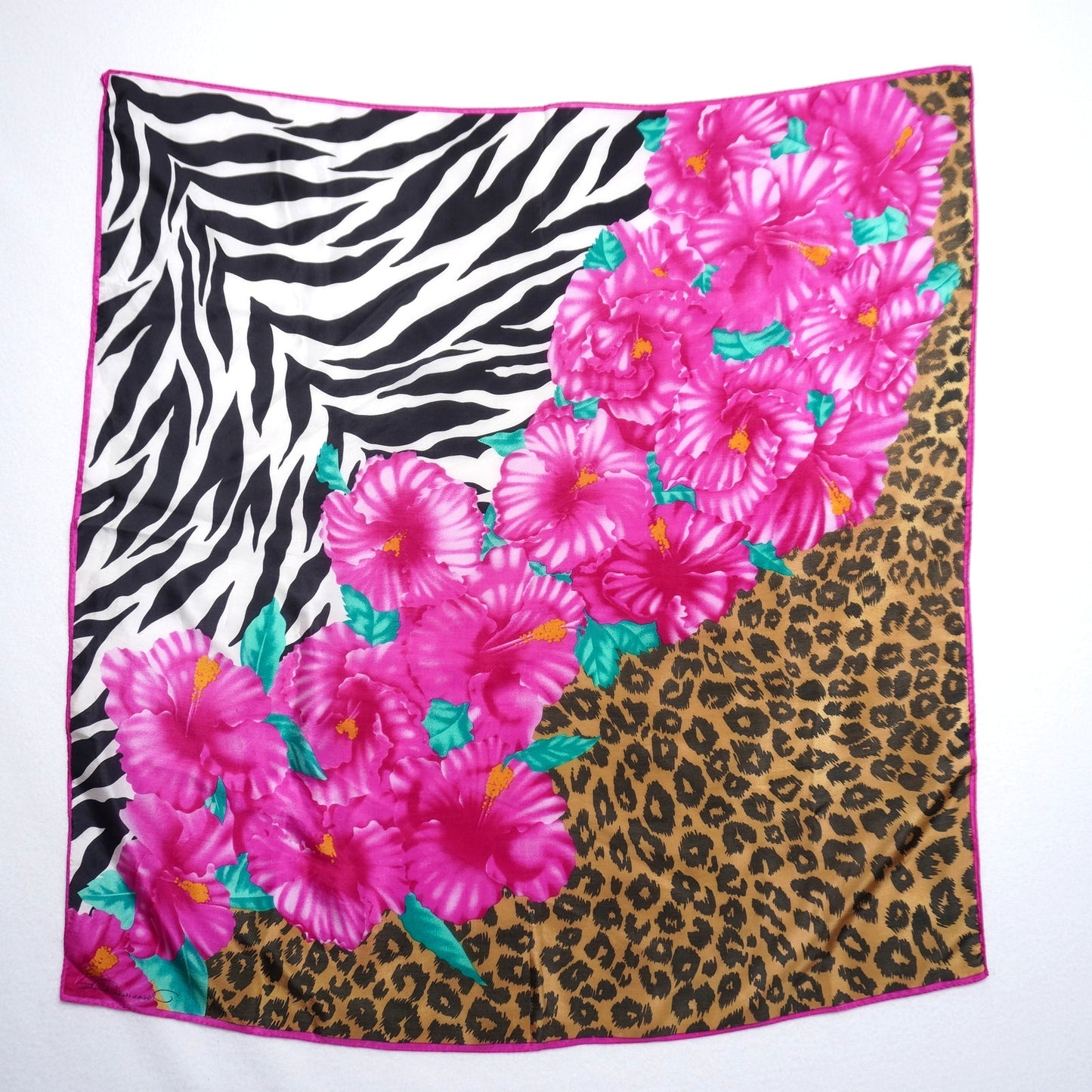 Vintage Oscar de la Renta Hibiscus and Animal Print Silk Scarf