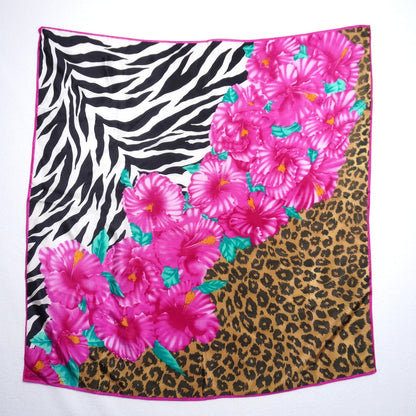 Vintage Oscar de la Renta Hibiscus and Animal Print Silk Scarf
