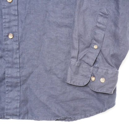 AKA Eddie Bauer Linen Shirt XL Band Collar Navy Blue Long Sleeve Button Front