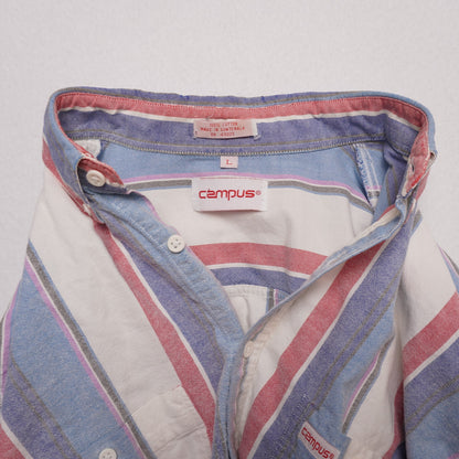 Vintage Campus Button Down Shirt L Red White Blue Vertical Stripe 100% Cotton