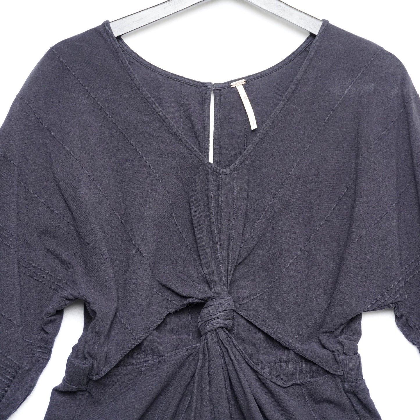 Free People Black Cotton Romper – Size S – Boho Knot Front Jumpsuit with Balloon Sleeves