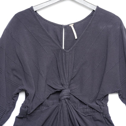 Free People Black Cotton Romper – Size S – Boho Knot Front Jumpsuit with Balloon Sleeves