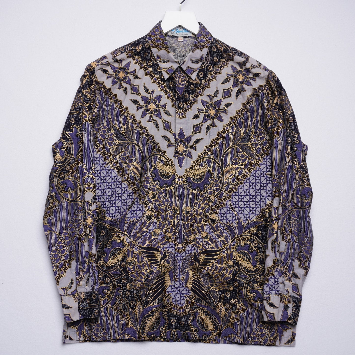 Vintage Danar Hadi Batik Blue & Gold Patterned Shirt Size Large