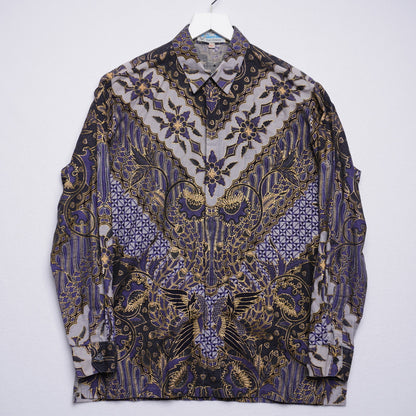 Vintage Danar Hadi Batik Blue & Gold Patterned Shirt Size Large