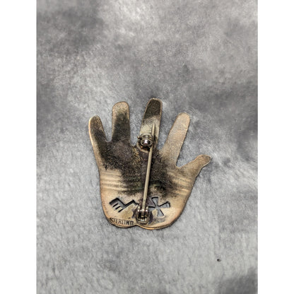Vintage Southwestern Sterling Silver Hand Brooch with Lapis Lazuli Cabochon
