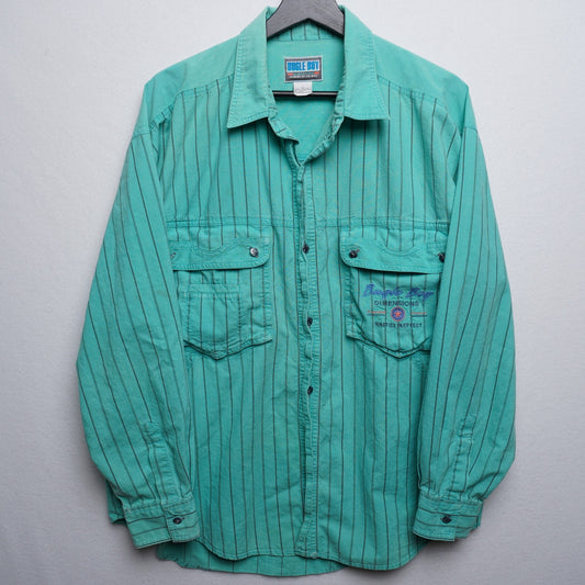 Vintage Bugle Boy Green Striped Work Shirt Embroidered 90s Size L