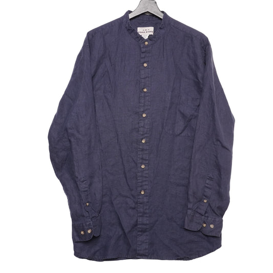 AKA Eddie Bauer Linen Shirt XL Band Collar Navy Blue Long Sleeve Button Front