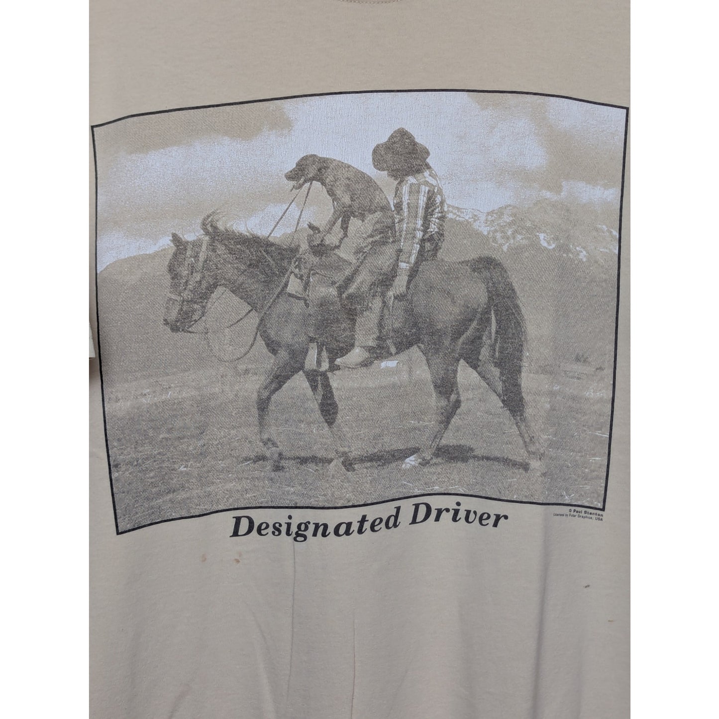 Vintage "Designated Driver" Paul Stanton Cowboy Photo Tan T-shirt Size Large
