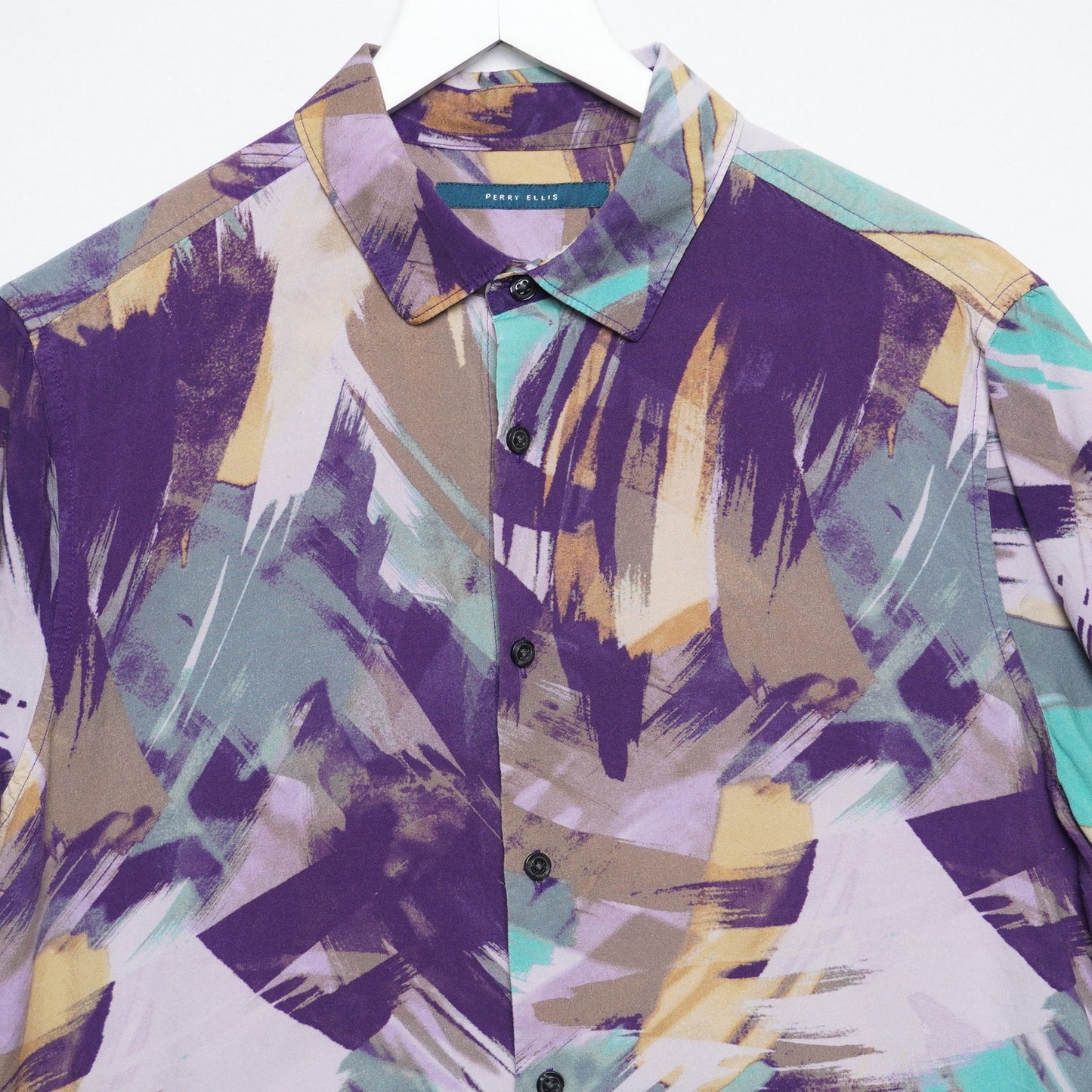 Perry Ellis Abstract Art Shirt Sleeve Shirt Purple Green Gold Size L