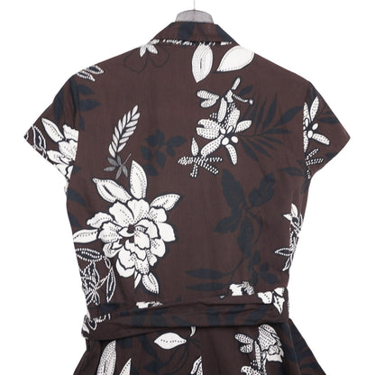Talbots Women's Brown White Floral Wrap Dress Short Sleeve A-Line Midi Retro Fit Flare