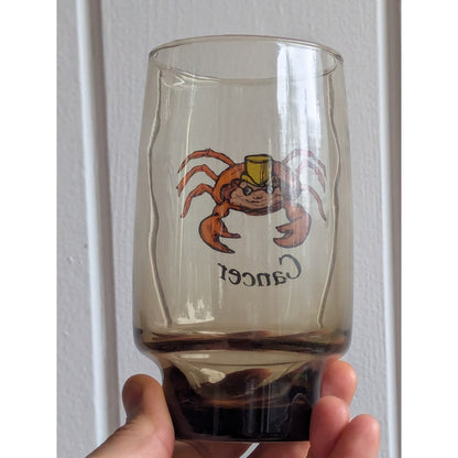 Vintage Cancer Zodiac Drinking Glass – Astrology Barware – Smoky Glass Crab Cup