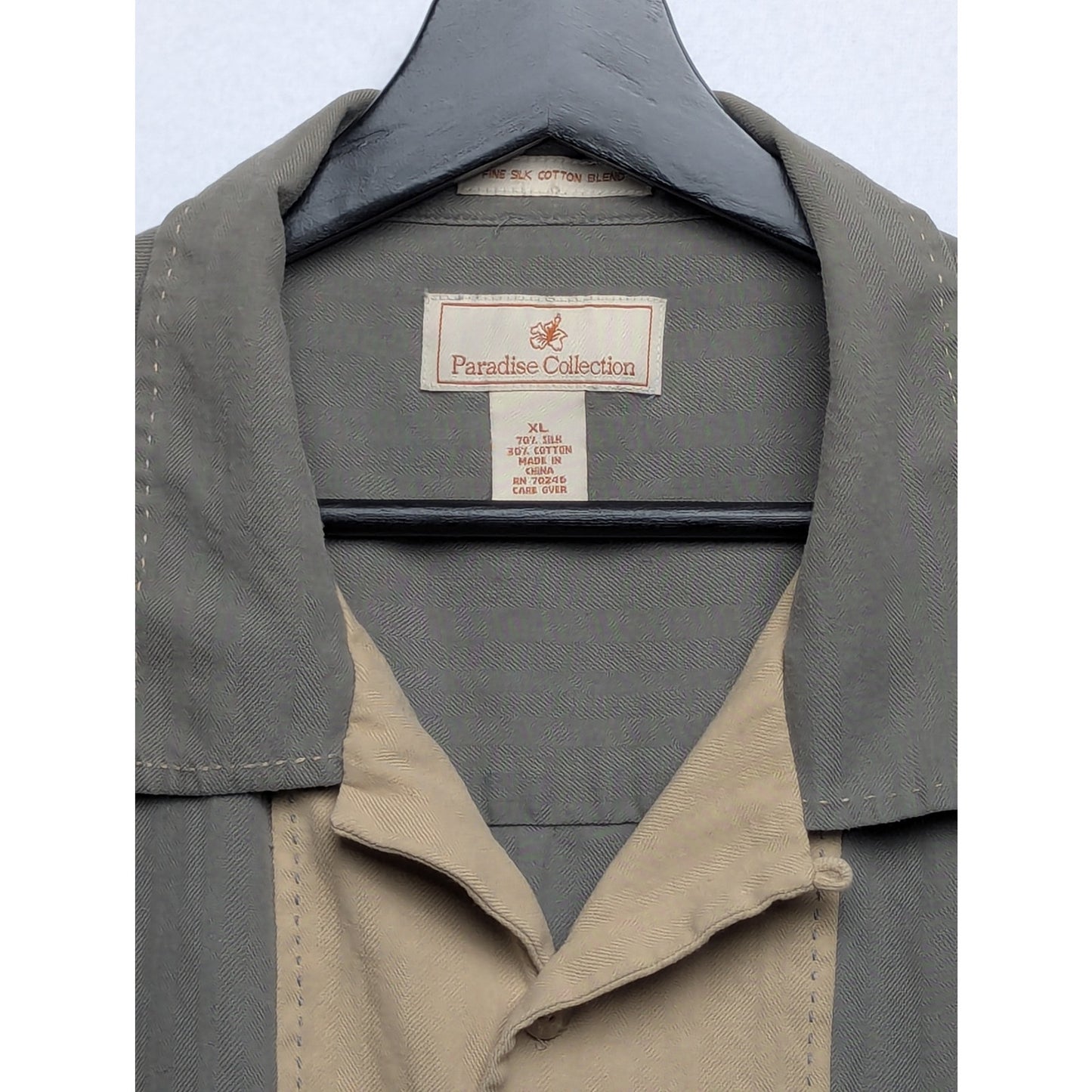 Paradise Collection Men's Sage Green & Tan Silk Blend Loop Collar Shirt Size XL